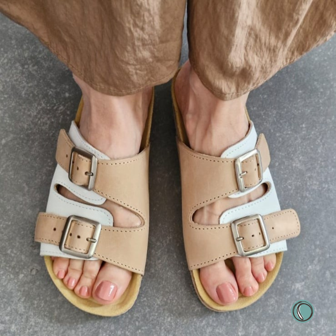 Kenton Sandals | Beige & White | Slip-On | Leather, Cork, Buckles | Adjustable Straps | MADE TO ORDER