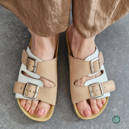 Kenton Sandals | Beige & White | Slip-On | Leather, Cork, Buckles | Adjustable Straps | MADE TO ORDER