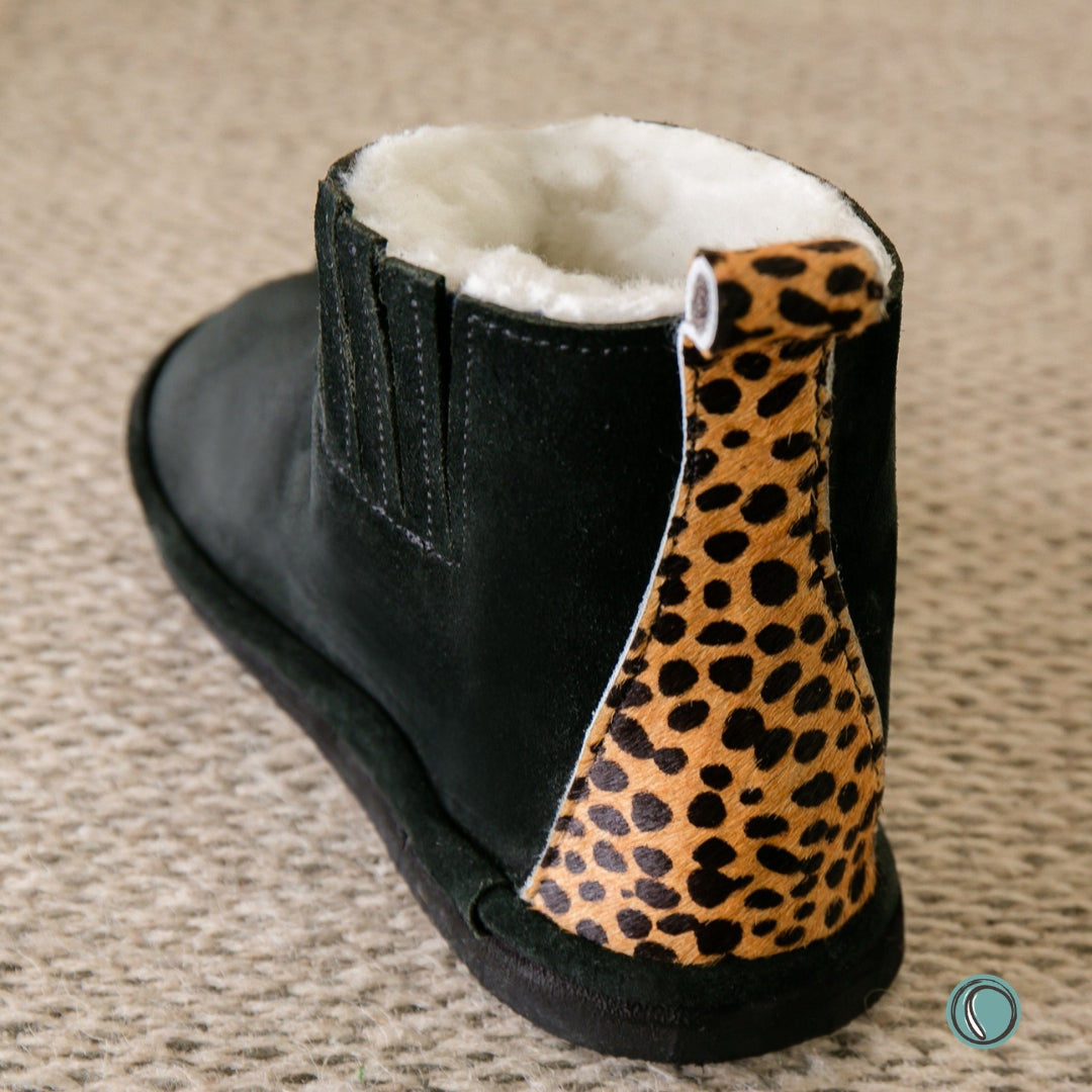 Sale | Size 4-8 | Shushu Ankle Boots | Black & Cheetah | Sheepskin & Suede