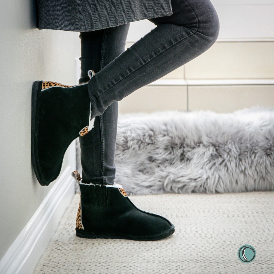 Sale | Size 4-8 | Shushu Ankle Boots | Black & Cheetah | Sheepskin & Suede