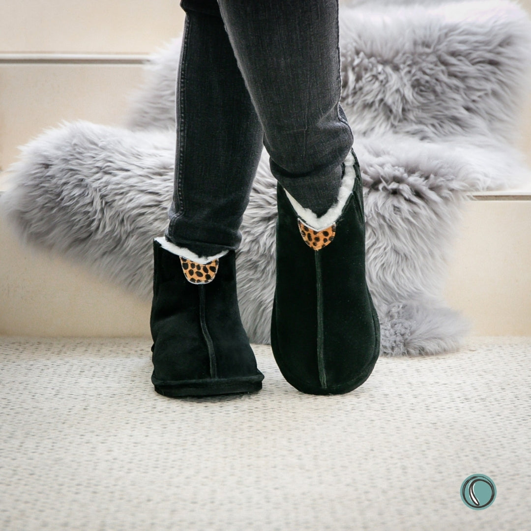 Sale | Size 4-8 | Shushu Ankle Boots | Black & Cheetah | Sheepskin & Suede