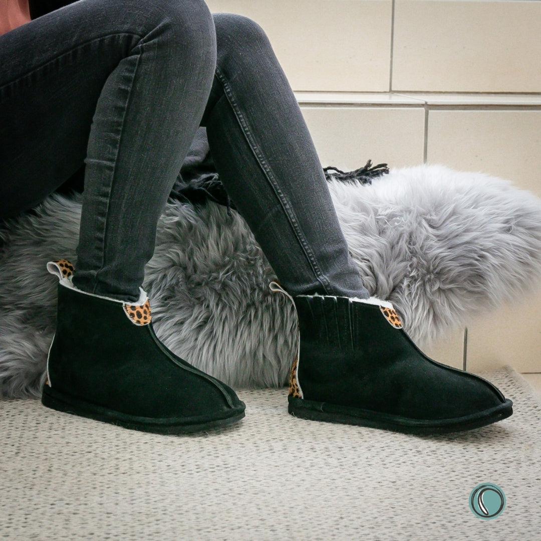 Sale | Size 4-8 | Shushu Ankle Boots | Black & Cheetah | Sheepskin & Suede
