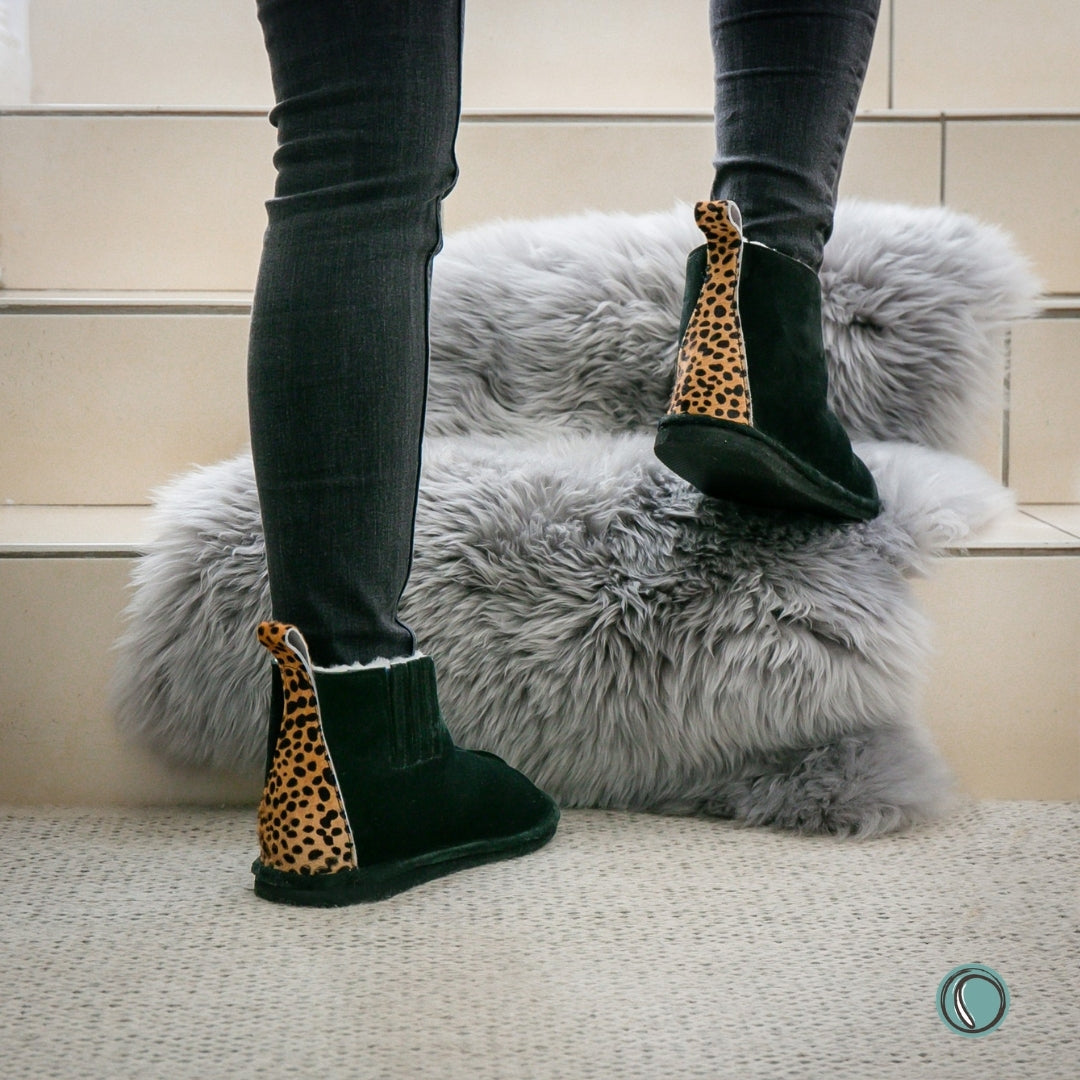 Sale | Size 4-8 | Shushu Ankle Boots | Black & Cheetah | Sheepskin & Suede