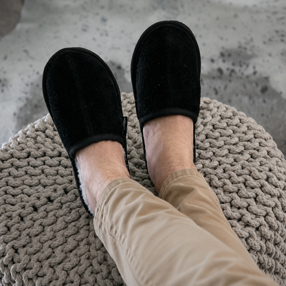 Mule Binding Collar Slippers | Slip-On | Black | Suede & Sheepskin