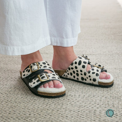 Sale | Size 6 | Flockie Sheepskin Cork Sandals | Slip-On | Polka Dots On White Leather
