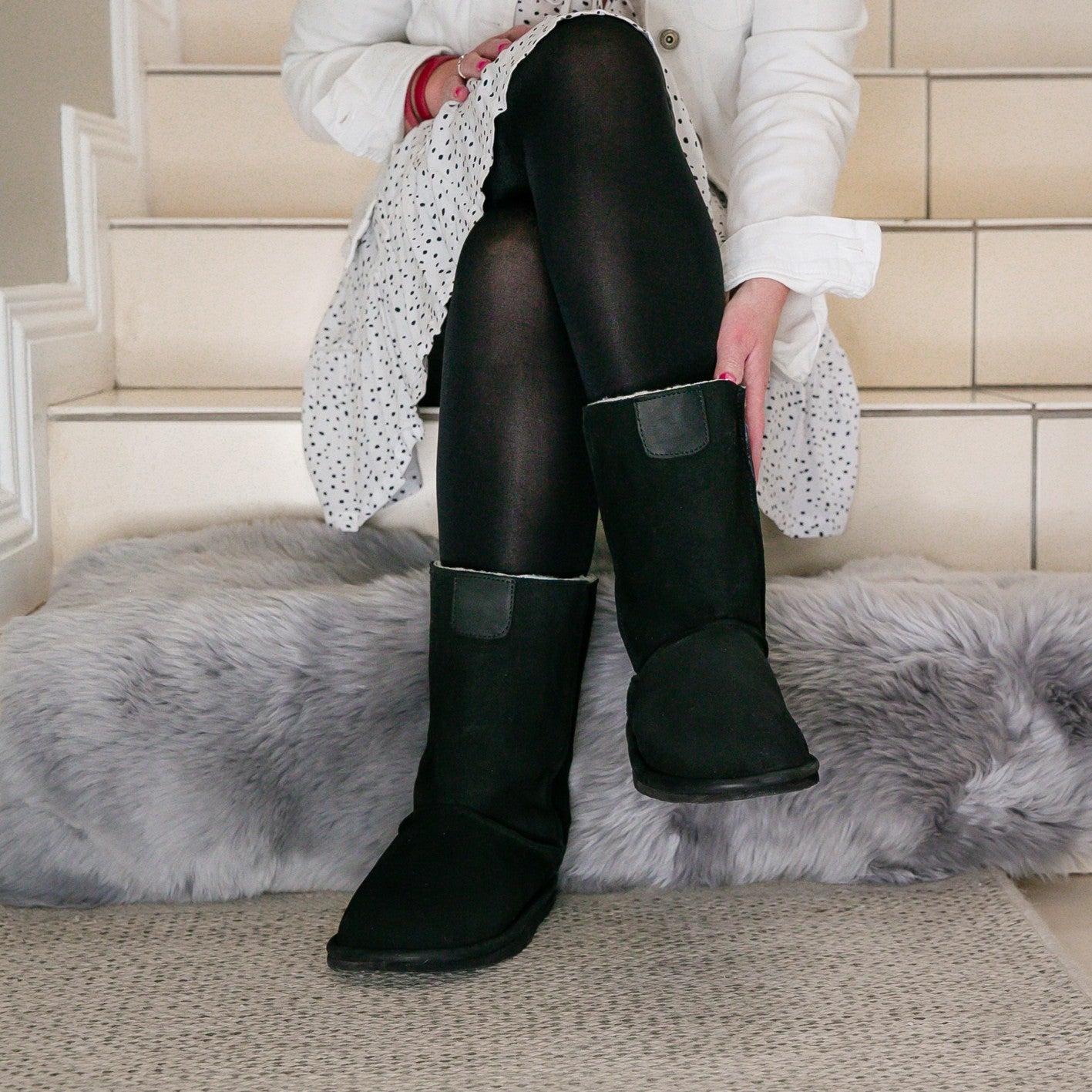MADE TO ORDER | Hugg Boots | Mid-Calf | Black | Sheepskin & Suede Boots
