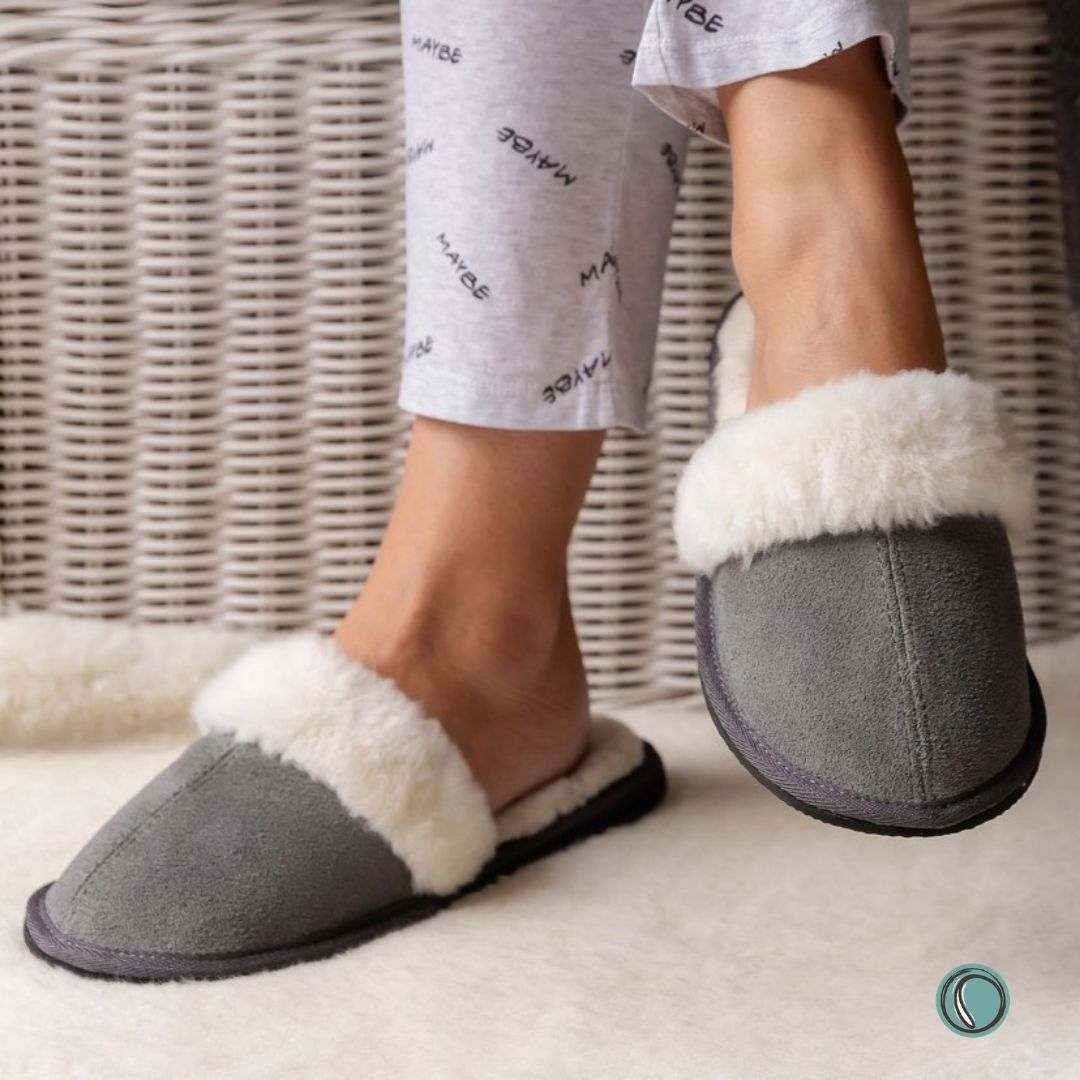 Mule Wool Collar Slippers | Slip-On | Charcoal | Suede & Sheepskin | MADE TO ORDER