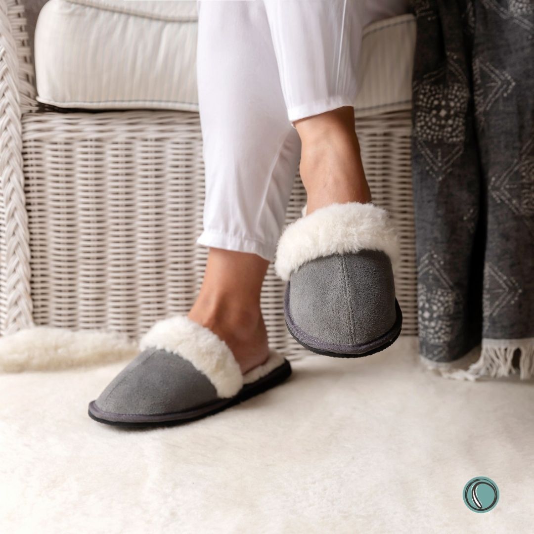 Mule Wool Collar Slippers | Slip-On | Charcoal | Suede & Sheepskin | MADE TO ORDER
