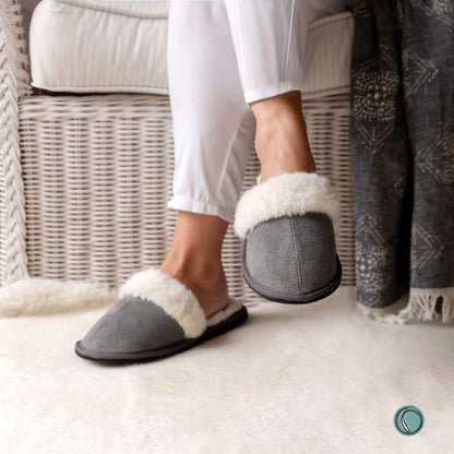 Mule Wool Collar Slippers | Slip-On | Charcoal | Suede & Sheepskin | MADE TO ORDER