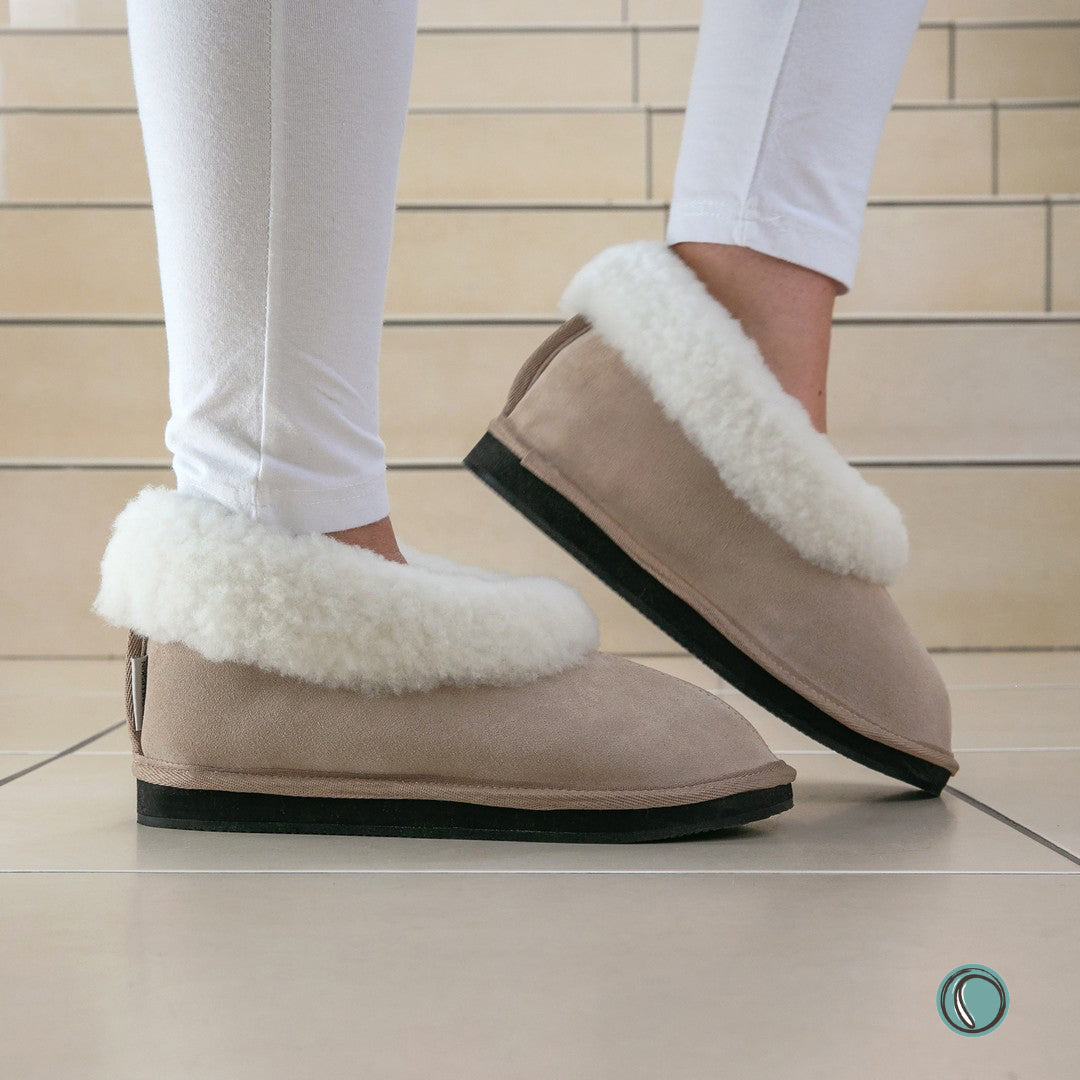 Cosy Shepherd Slippers | Non-Slip TPU Sole | Stone | Suede & Sheepskin