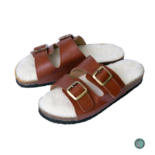 Sale | Size 6, 8, 9 | Flockie Sheepskin Cork Sandals | Slip-On | Gingerbread Leather