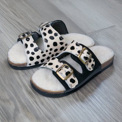 Sale | Size 6 | Flockie Sheepskin Cork Sandals | Slip-On | Polka Dots On White Leather