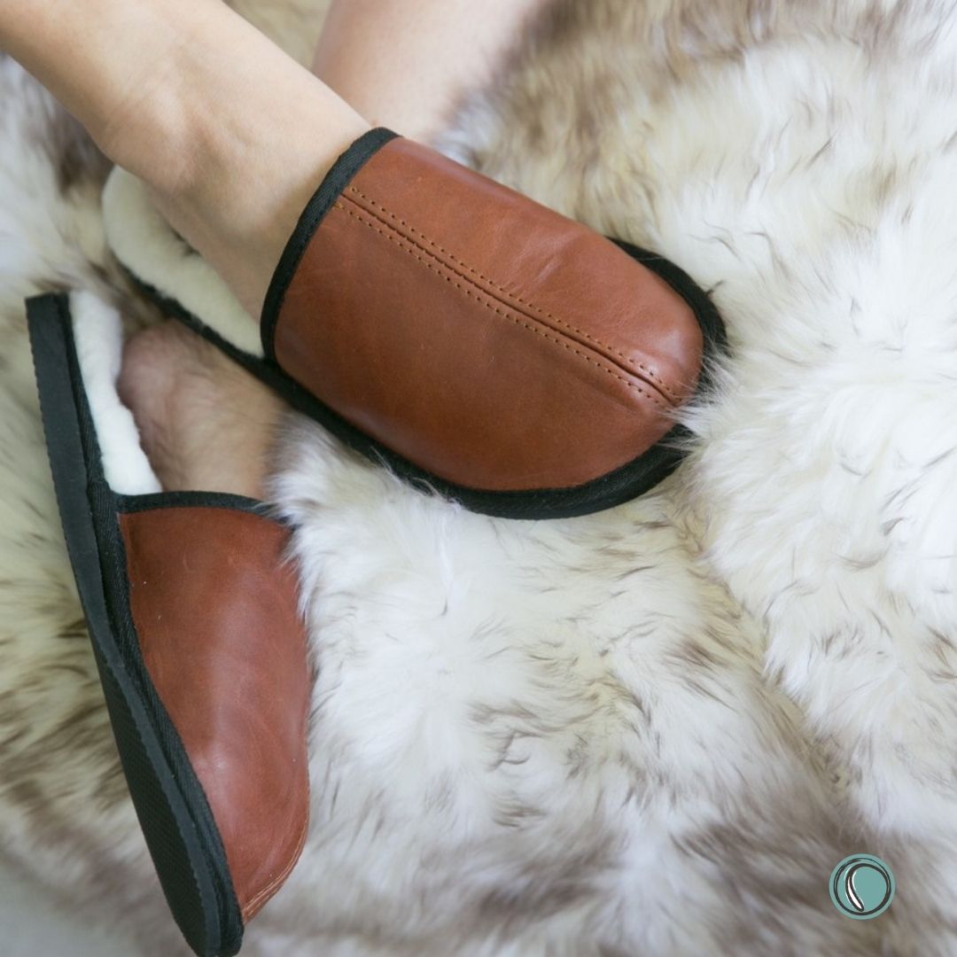 Mule Binding Collar Slippers | Slip-On | Gingerbread | Leather & Sheepskin