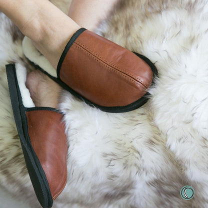 Mule Binding Collar Slippers | Slip-On | Gingerbread | Leather & Sheepskin