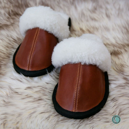 Mule Wool Collar Slippers | Slip-On | Gingerbread | Leather & Sheepskin | MADE TO ORDER