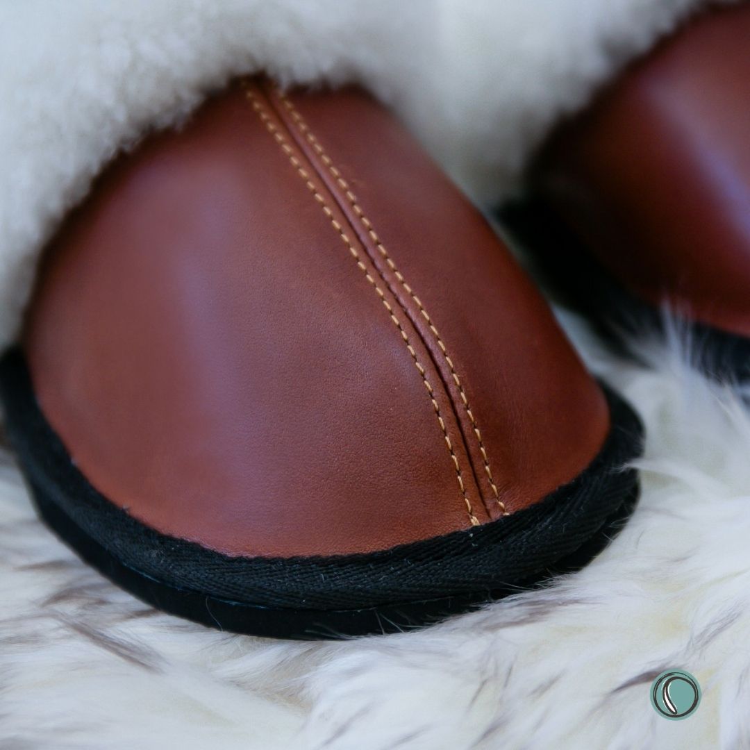 Mule Wool Collar Slippers | Slip-On | Gingerbread | Leather & Sheepskin | MADE TO ORDER