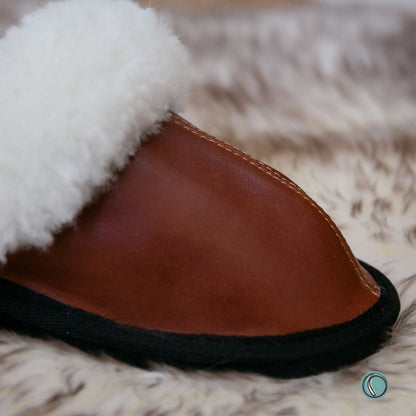 Mule Wool Collar Slippers | Slip-On | Gingerbread | Leather & Sheepskin | MADE TO ORDER