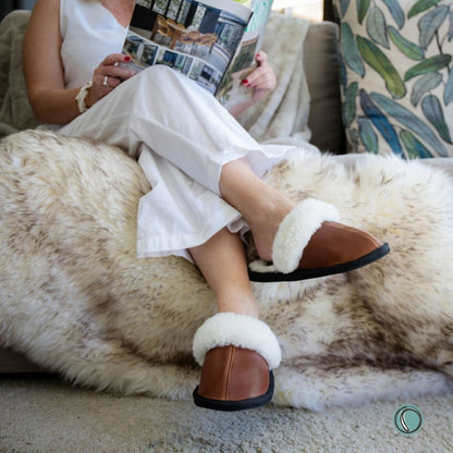 Mule Wool Collar Slippers | Slip-On | Gingerbread | Leather & Sheepskin | MADE TO ORDER