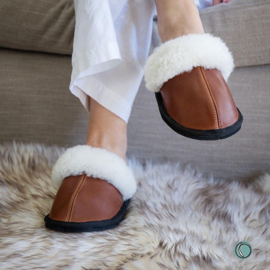 Mule Wool Collar Slippers | Slip-On | Gingerbread | Leather & Sheepskin | MADE TO ORDER