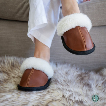 Mule Wool Collar Slippers | Slip-On | Gingerbread | Leather & Sheepskin | MADE TO ORDER