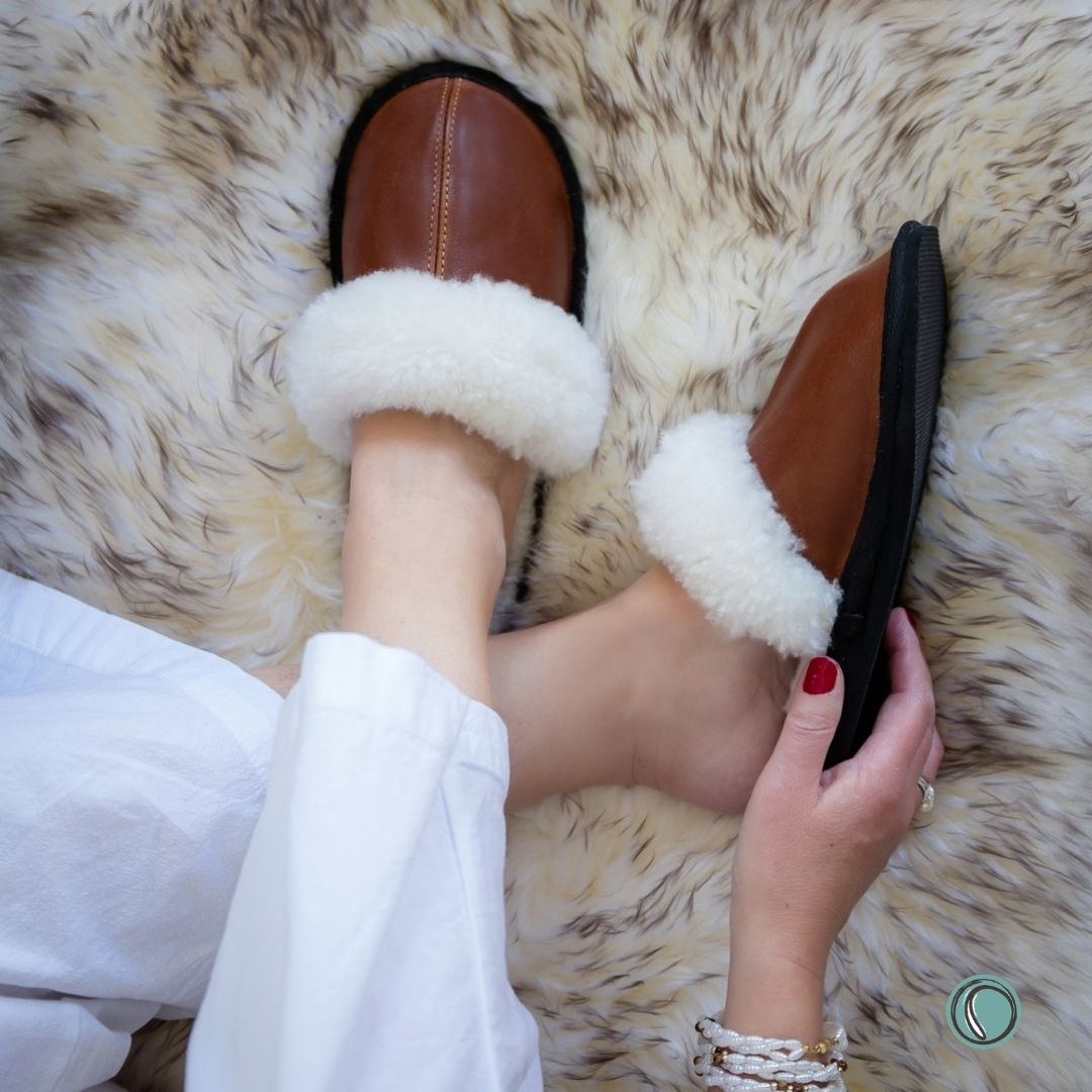 Mule Wool Collar Slippers | Slip-On | Gingerbread | Leather & Sheepskin | MADE TO ORDER