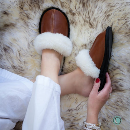 Mule Wool Collar Slippers | Slip-On | Gingerbread | Leather & Sheepskin | MADE TO ORDER