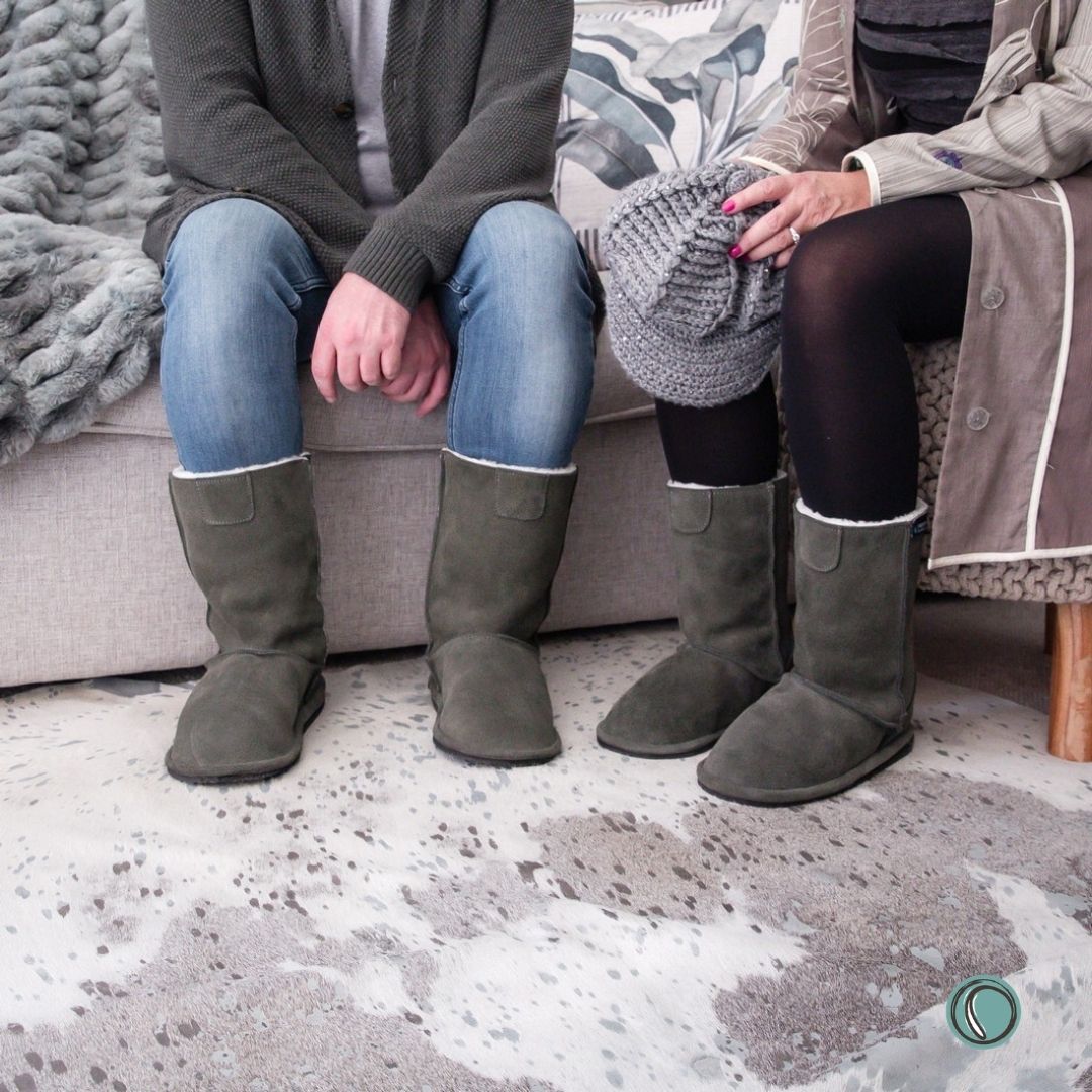 Hugg Boots | Mid-Calf | Olive-Grey | Sheepskin & Suede Boots | MADE TO ORDER