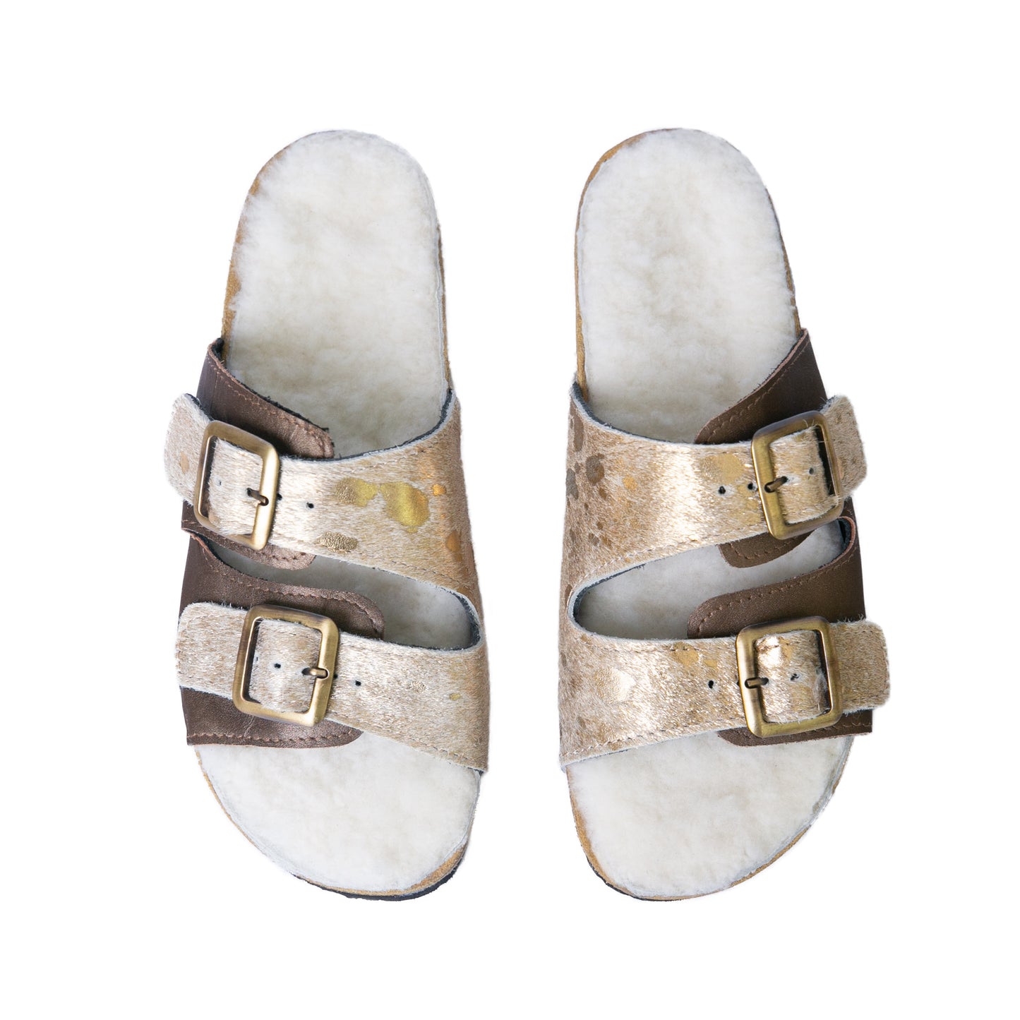 Flockie Sheepskin Slip-On Sandals | Metallic Gold | Sheepskin, Leather, Cork, Buckles | MADE TO ORDER
