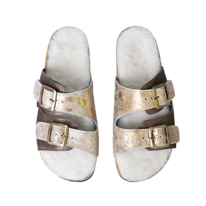 Flockie Sheepskin Slip-On Sandals | Metallic Gold | Sheepskin, Leather, Cork, Buckles | MADE TO ORDER