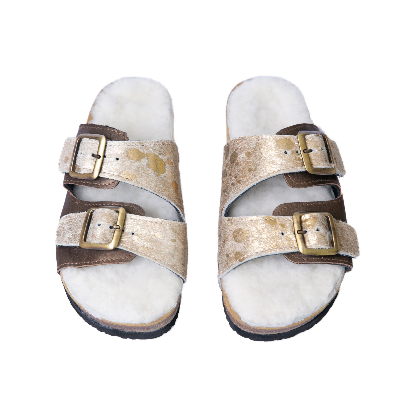 Flockie Sheepskin Slip-On Sandals | Metallic Gold | Sheepskin, Leather, Cork, Buckles | MADE TO ORDER