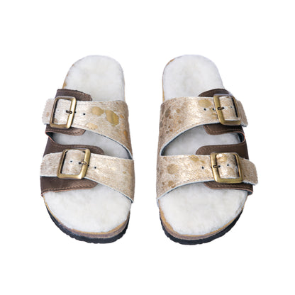 Flockie Sheepskin Slip-On Sandals | Metallic Gold | Sheepskin, Leather, Cork, Buckles | MADE TO ORDER