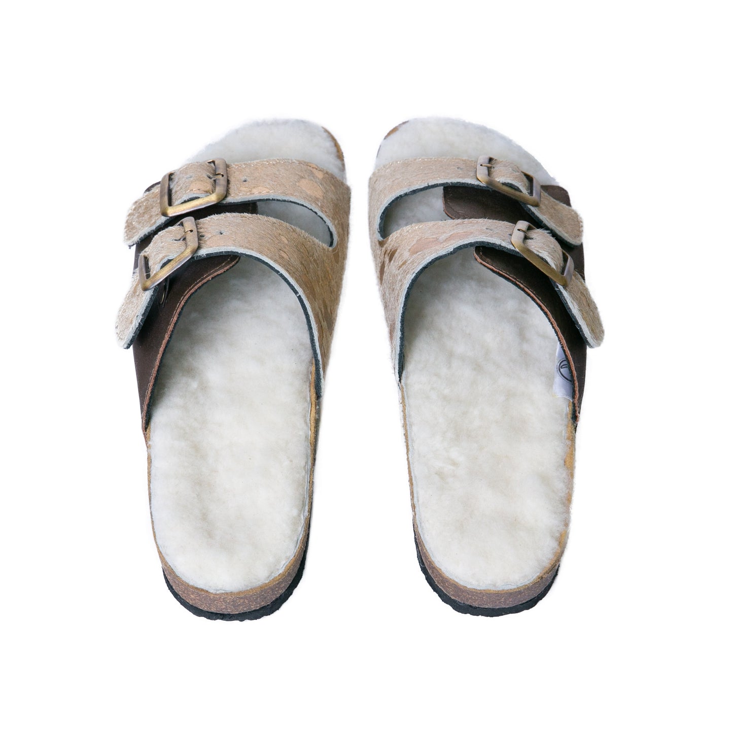 Flockie Sheepskin Slip-On Sandals | Metallic Gold | Sheepskin, Leather, Cork, Buckles | MADE TO ORDER