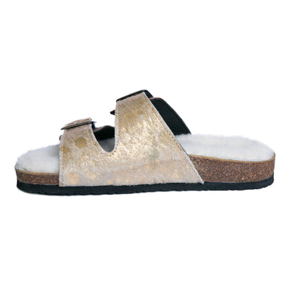 Flockie Sheepskin Slip-On Sandals | Metallic Gold | Sheepskin, Leather, Cork, Buckles | MADE TO ORDER