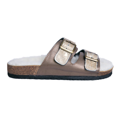 Flockie Sheepskin Slip-On Sandals | Metallic Gold | Sheepskin, Leather, Cork, Buckles | MADE TO ORDER