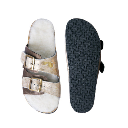 Flockie Sheepskin Slip-On Sandals | Metallic Gold | Sheepskin, Leather, Cork, Buckles | MADE TO ORDER