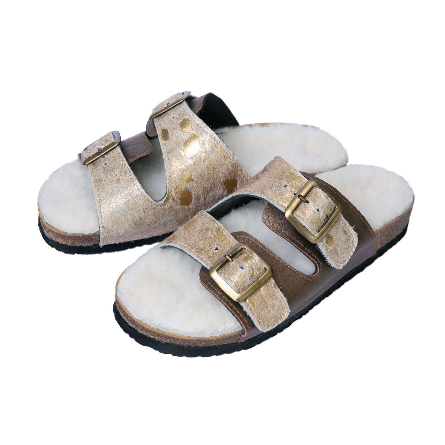 Flockie Sheepskin Slip-On Sandals | Metallic Gold | Sheepskin, Leather, Cork, Buckles | MADE TO ORDER
