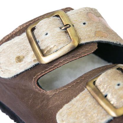 Flockie Sheepskin Slip-On Sandals | Metallic Gold | Sheepskin, Leather, Cork, Buckles | MADE TO ORDER