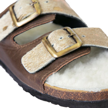 Flockie Sheepskin Slip-On Sandals | Metallic Gold | Sheepskin, Leather, Cork, Buckles | MADE TO ORDER
