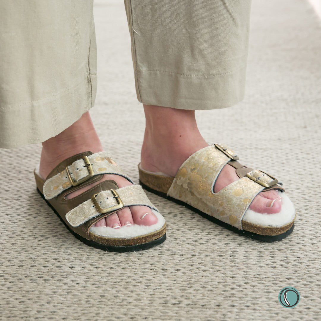 Sale | Size 6 | Flockie Sheepskin Cork Sandals | Slip-On |Metallic Gold Leather