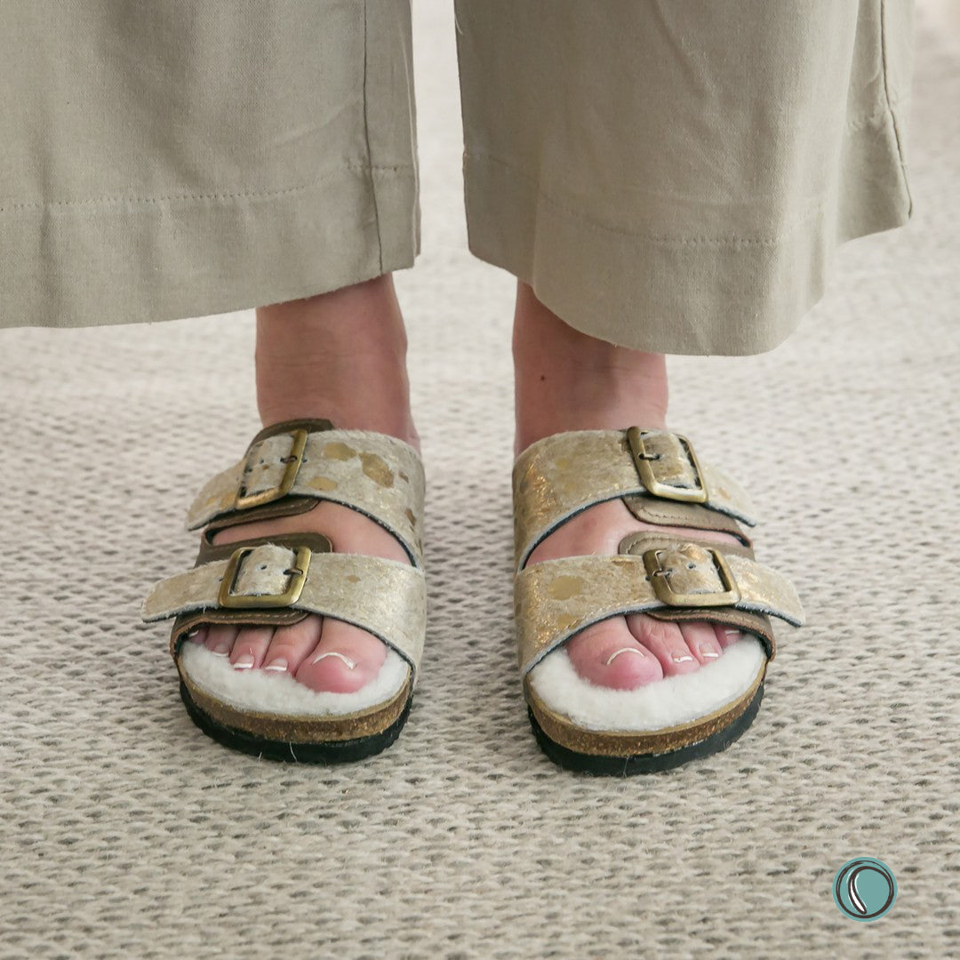 Sale | Size 6 | Flockie Sheepskin Cork Sandals | Slip-On |Metallic Gold Leather