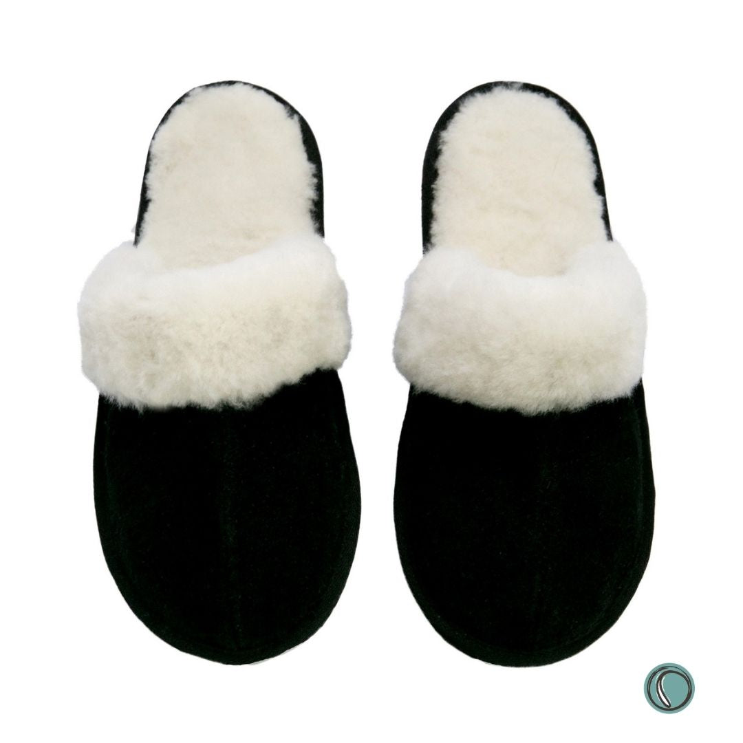 Mule Wool Collar Slippers | Slip-On | Black | Suede & Sheepskin | MADE TO ORDER