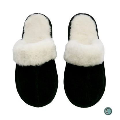 Mule Wool Collar Slippers | Slip-On | Black | Suede & Sheepskin | MADE TO ORDER
