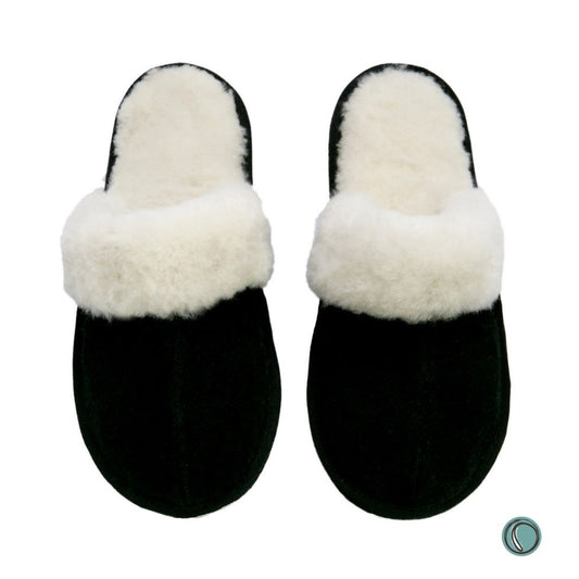 Mule Wool Collar Slippers | Slip-On | Black | Suede & Sheepskin | MADE TO ORDER
