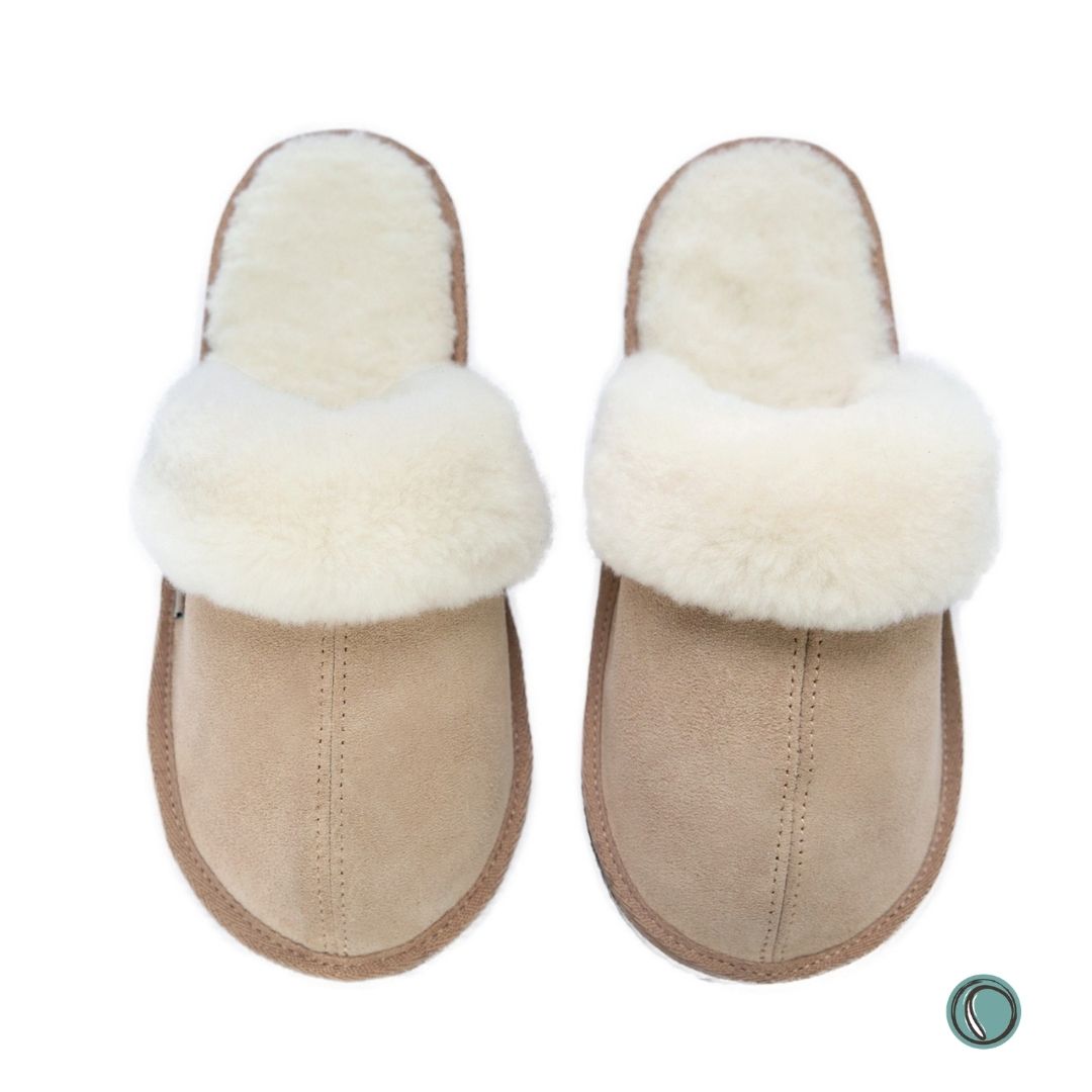 Mule Wool Collar Slippers | Slip-On | Stone | Suede & Sheepskin