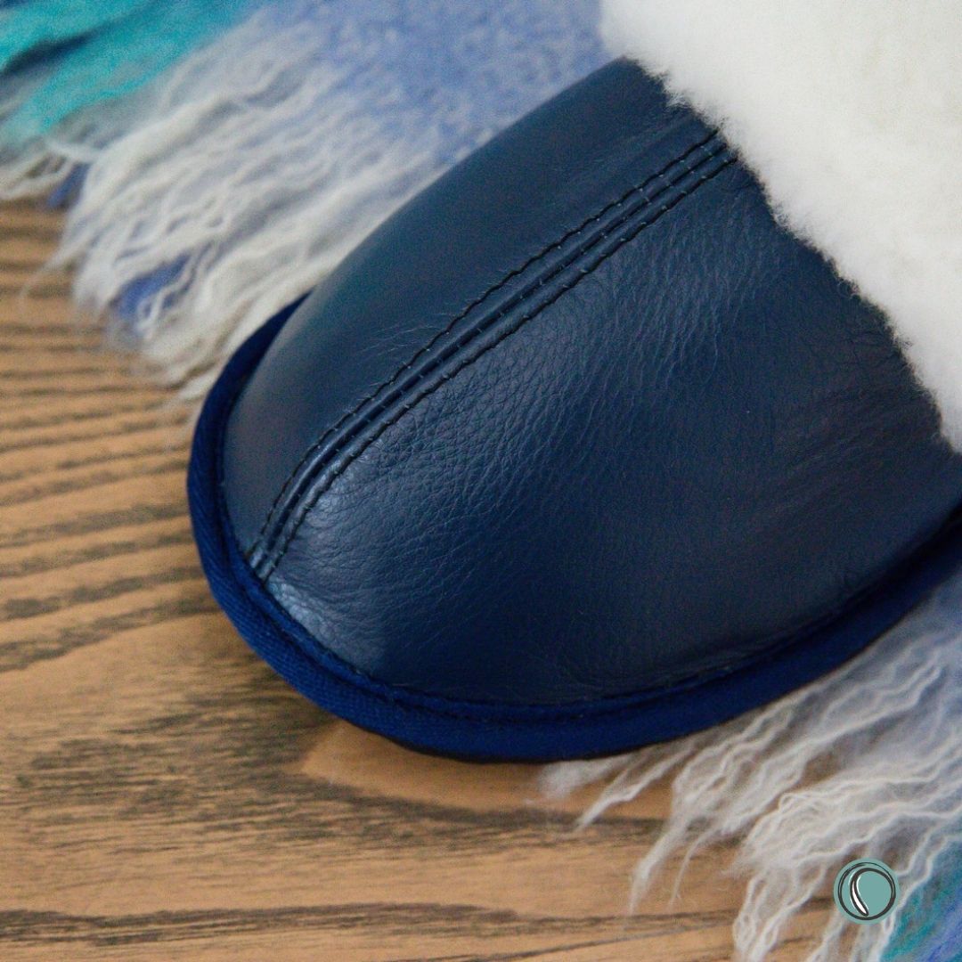 Mule Wool Collar Slippers | Slip-On | Navy Blue | Leather & Sheepskin | MADE TO ORDER