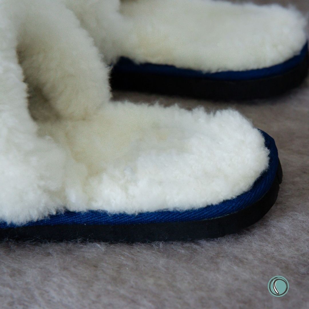 Mule Wool Collar Slippers | Slip-On | Navy Blue | Leather & Sheepskin | MADE TO ORDER
