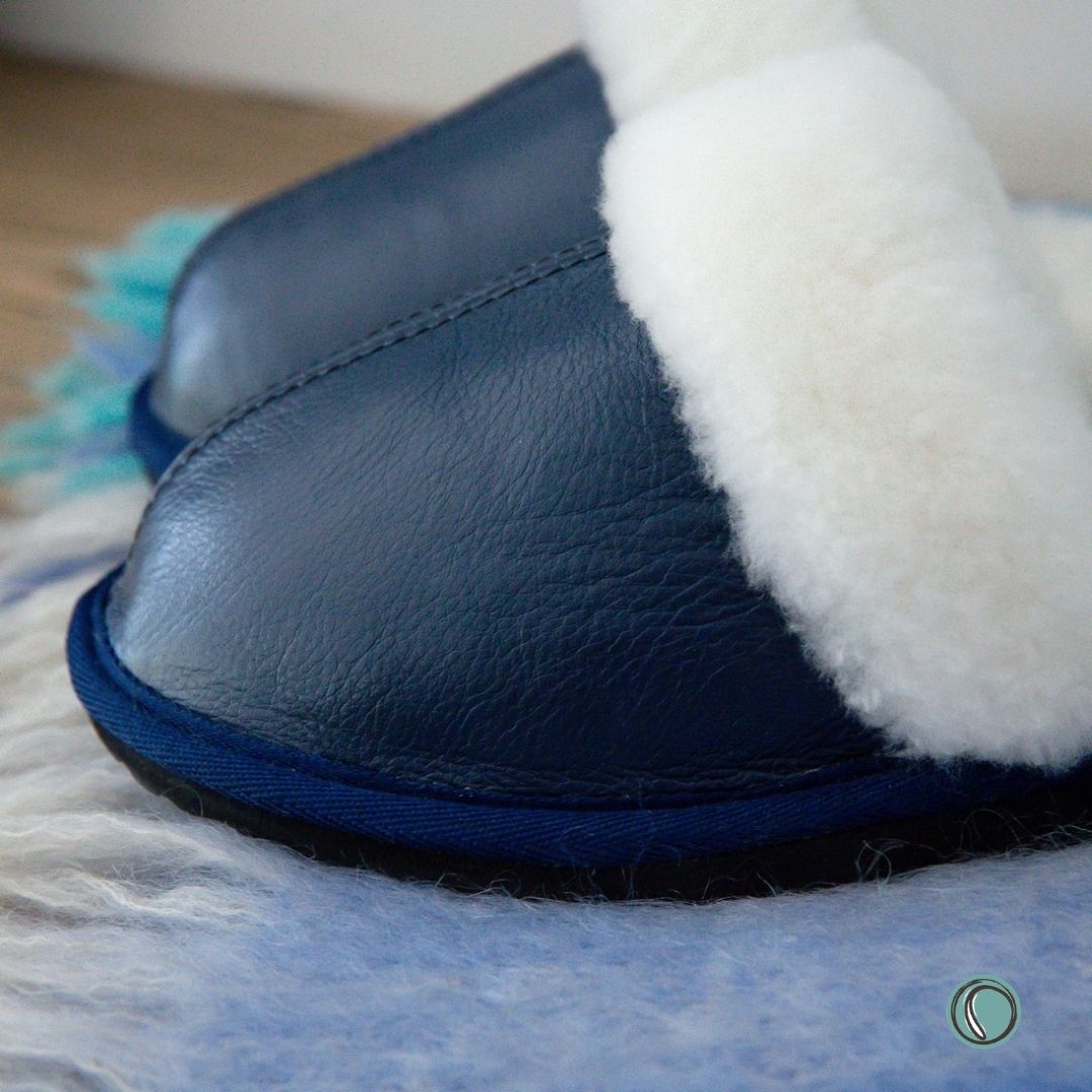 Mule Wool Collar Slippers | Slip-On | Navy Blue | Leather & Sheepskin | MADE TO ORDER