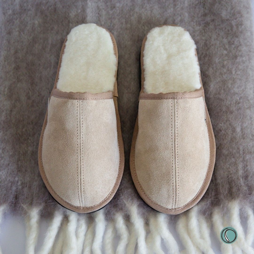 Mule Binding Collar Slippers | Slip-On | Stone | Suede & Sheepskin