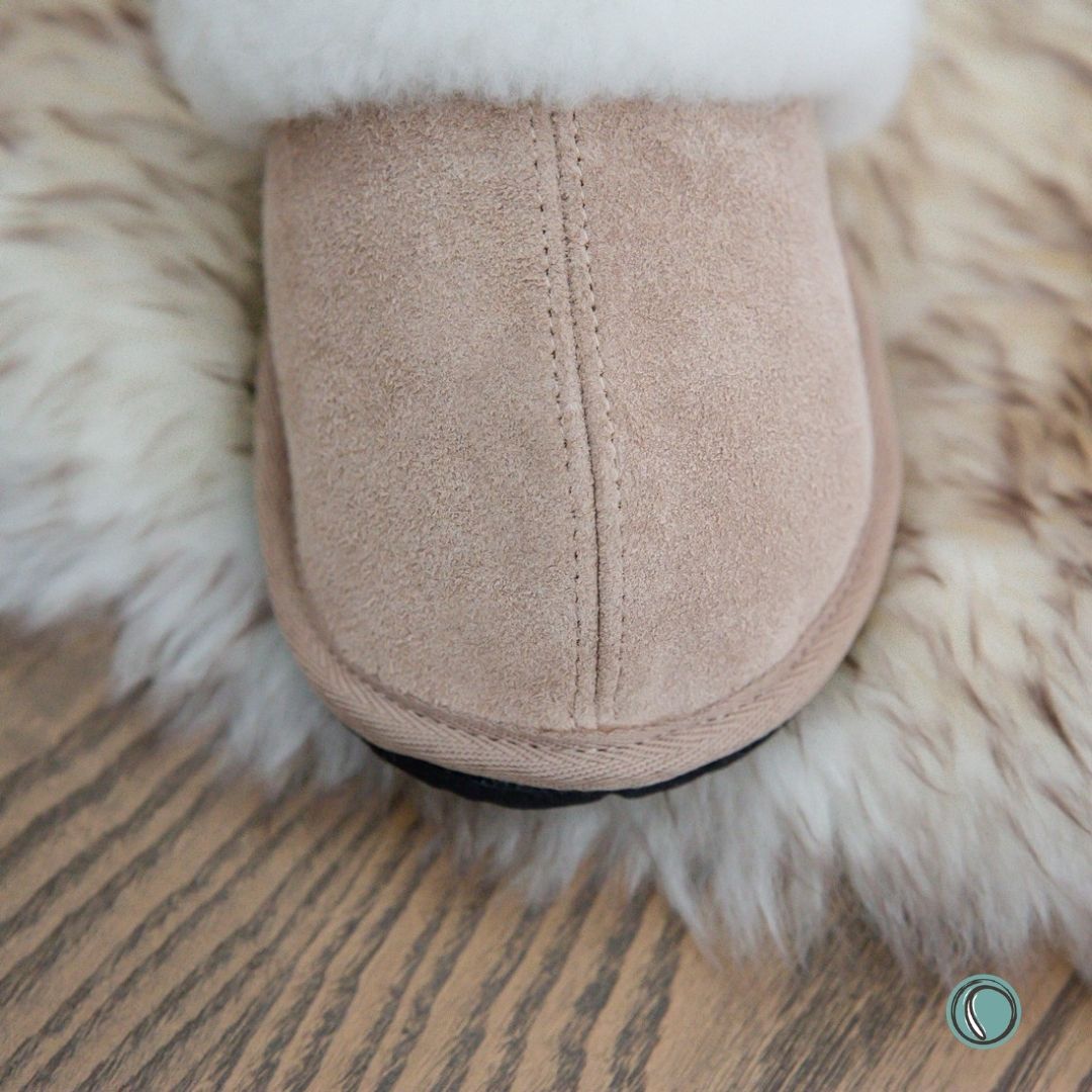Mule Wool Collar Slippers | Slip-On | Stone | Suede & Sheepskin
