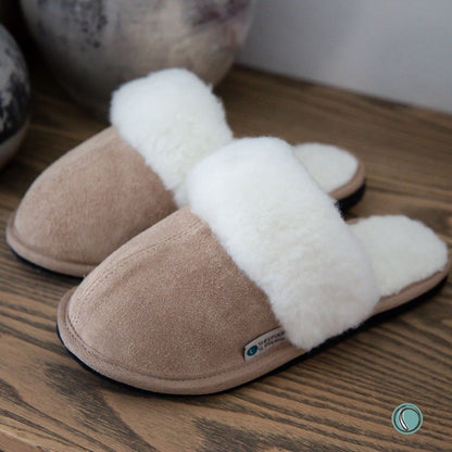 Mule Wool Collar Slippers | Slip-On | Stone | Suede & Sheepskin